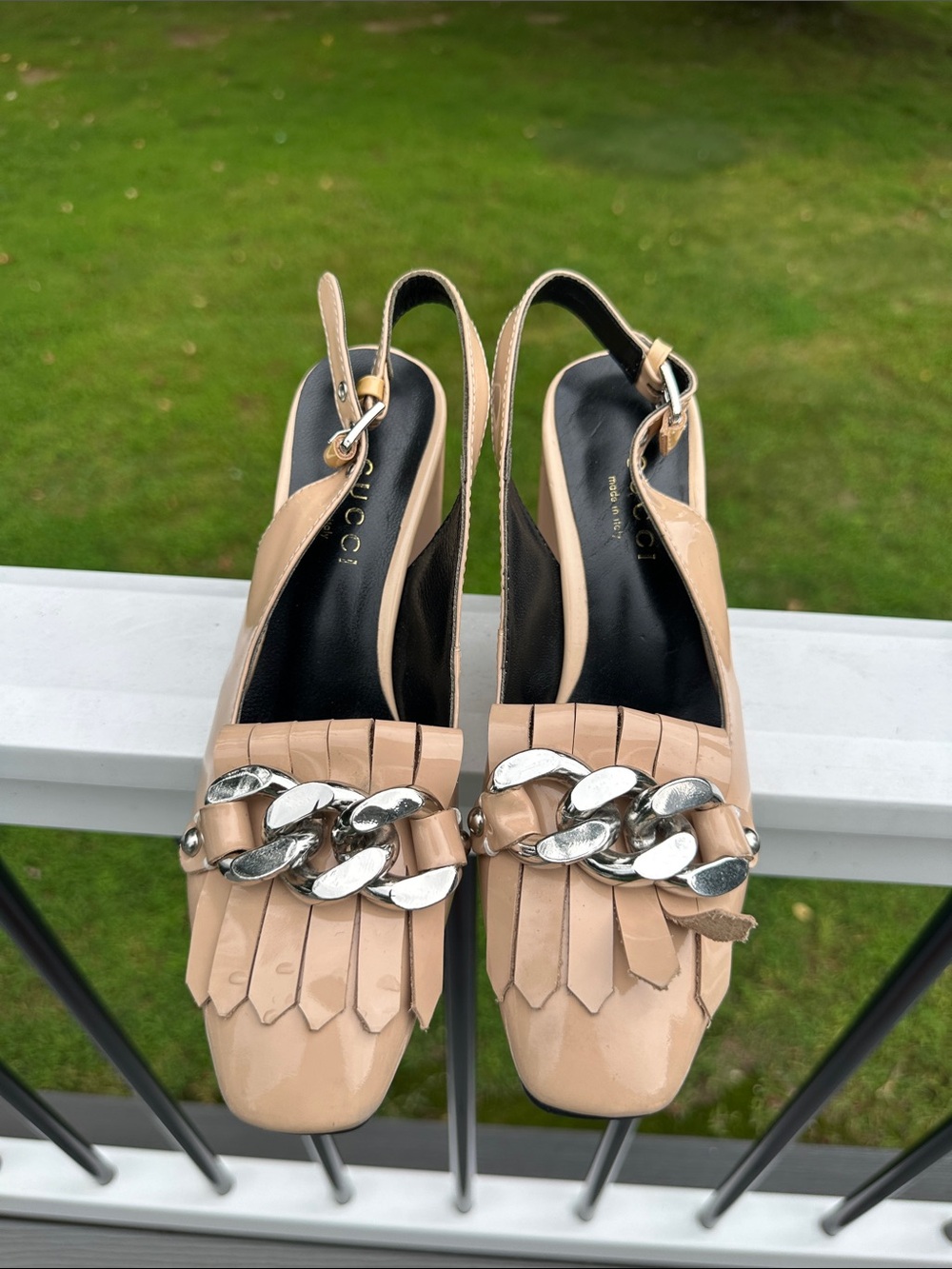 Gucci Nude Patent Leather Slingback Mules with Silver Chain